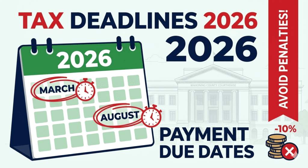 Annual property tax due dates for Mahoning County Ohio 2026 showing March and August deadlines.