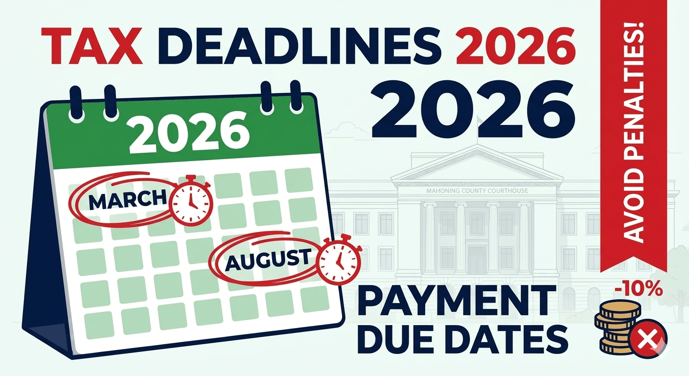 Annual property tax due dates for Mahoning County Ohio 2026 showing March and August deadlines.