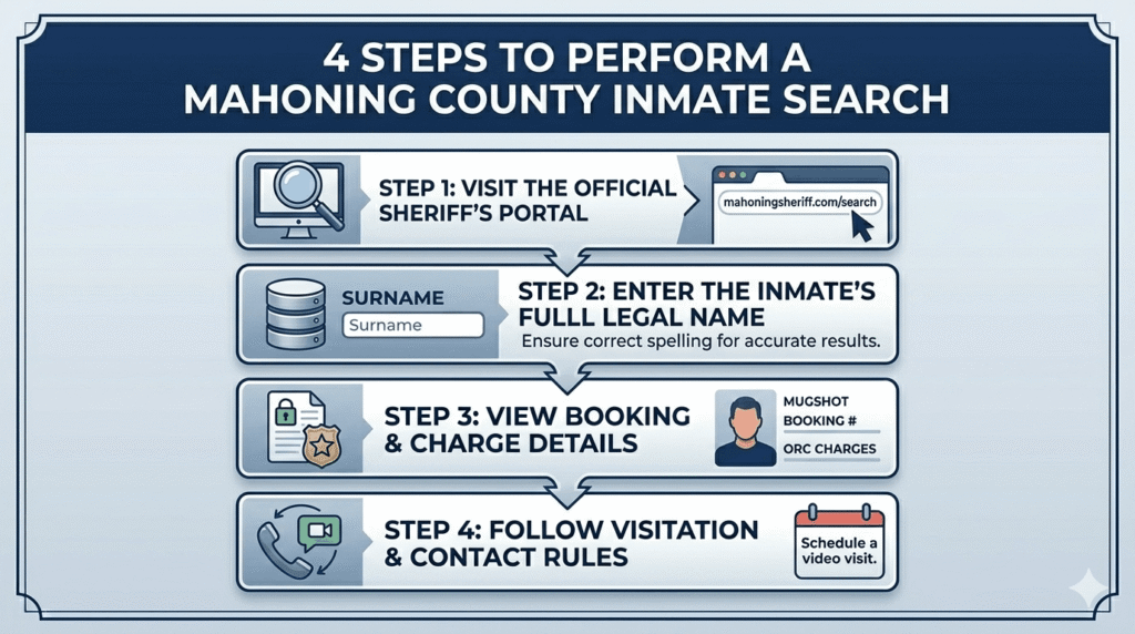 Step-by-step process for Mahoning County Jail inmate search 2026 infographic.