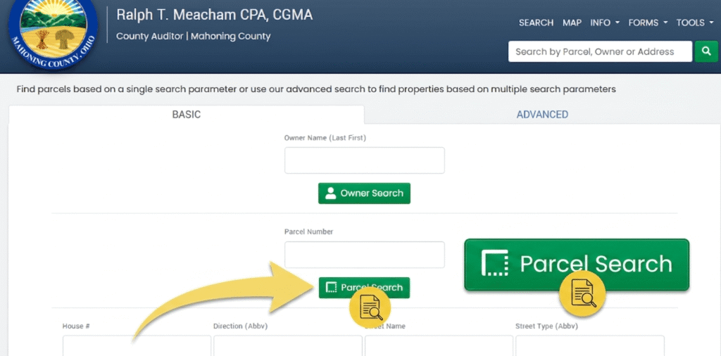 Screenshot of Mahoning County Auditor's basic property search tool for owner and parcel lookup