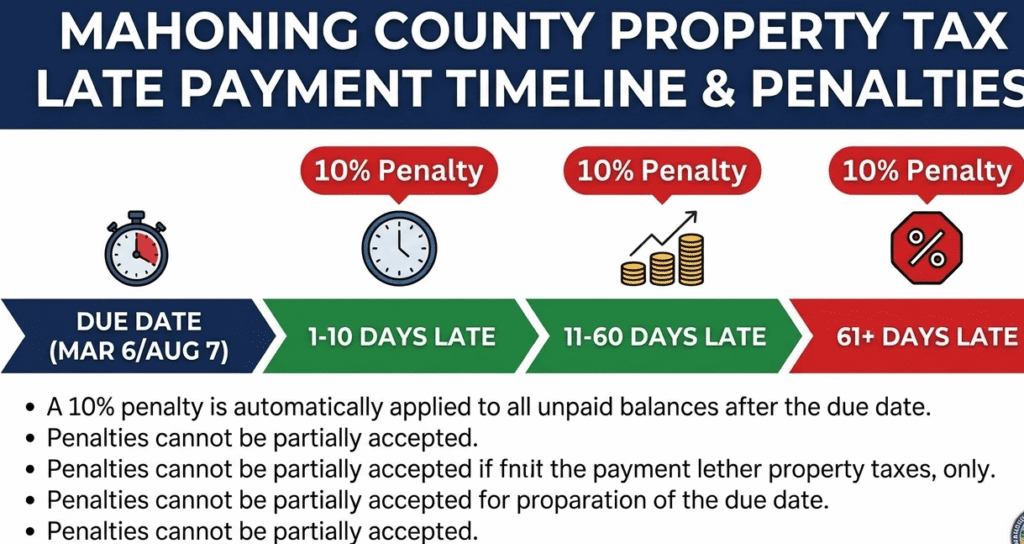 Mahoning County 2026 property tax late payment penalty timeline infographic.