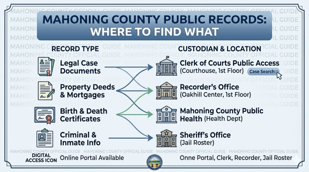 Infographic map showing where to find different types of Mahoning County public records