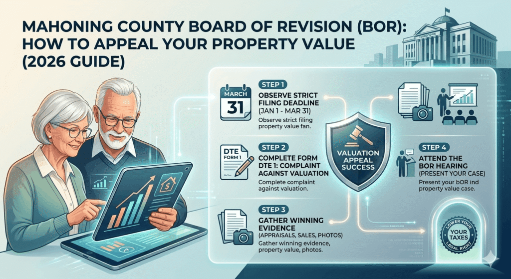 Infographic showing the 4-step process to appeal property value with Mahoning County Board of Revision including DTE Form 1 and hearing details