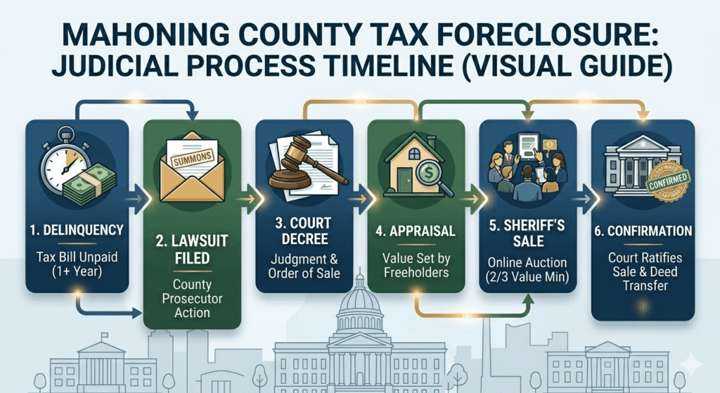 Visual flowchart of Mahoning County tax foreclosure and judicial process steps