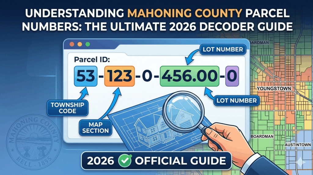 Infographic explaining how to decode a Mahoning County parcel number showing township codes and lot sections.