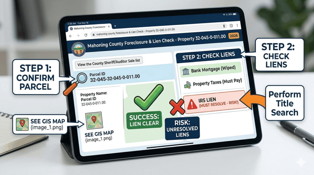 Infographic checklist for Mahoning County foreclosure title search showing lien verification and risk assessment.
