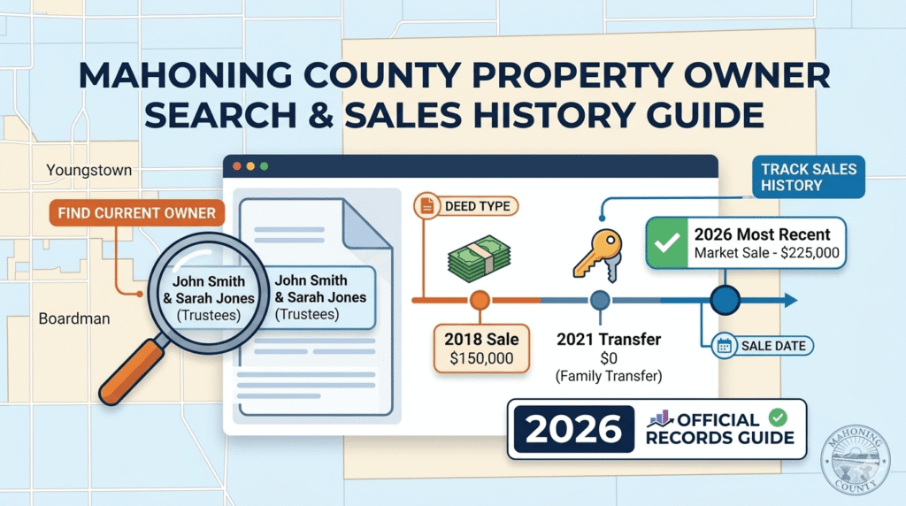 Infographic showing how to track Mahoning County property owners and sales history with a timeline of deed transfers and sale prices.