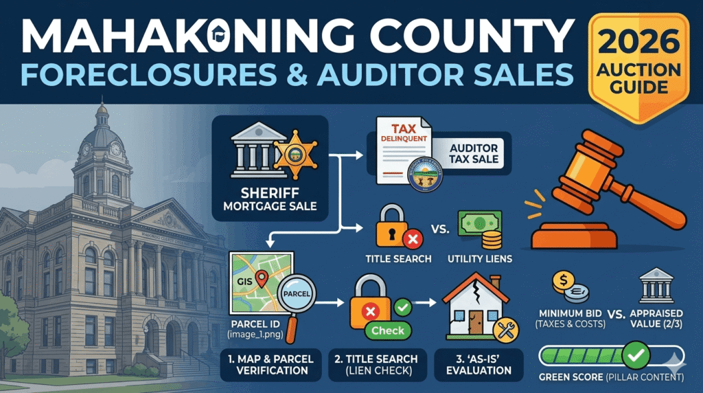 Infographic showing the difference between Mahoning County Auditor Tax Sales and Sheriff Mortgage Foreclosures, with a 2026 auction checklist.