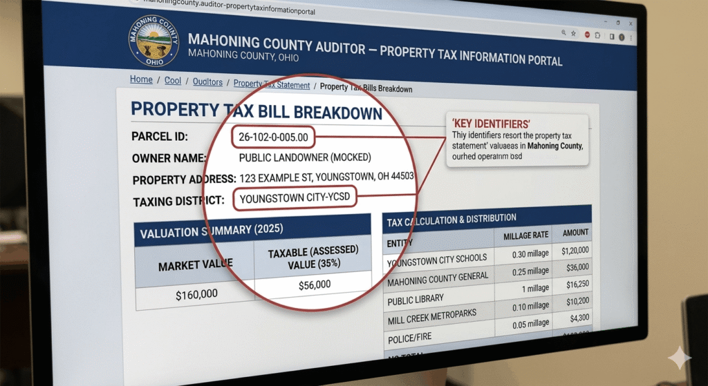 Detailed screenshot guide of a Mahoning County property tax bill showing parcel ID and valuation.