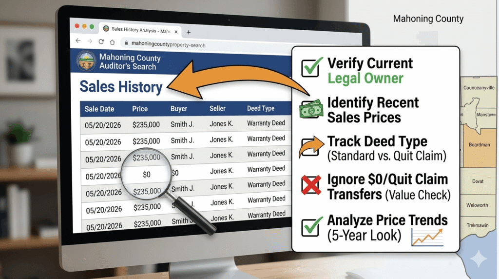 Infographic checklist diagram showing how to analyze Mahoning County sales history records and deed types for property valuation.