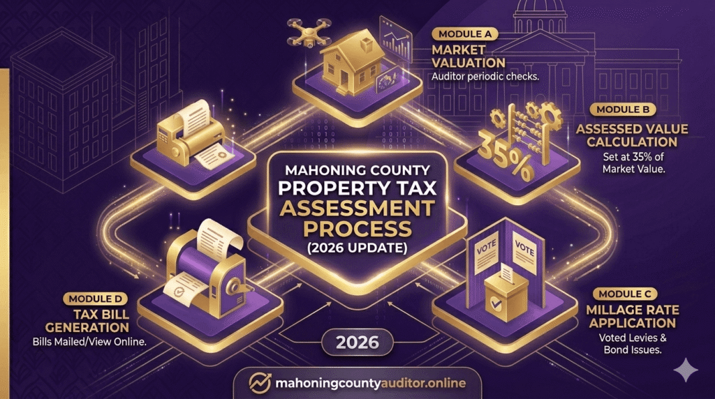Infographic of Mahoning County property tax assessment process step-by-step for 2026 update
