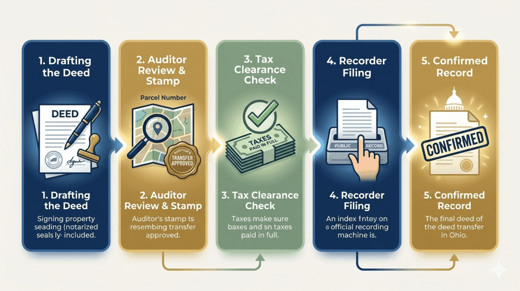 Step-by-step visual flowchart of Mahoning County deed transfer process, from Auditor to Recorder