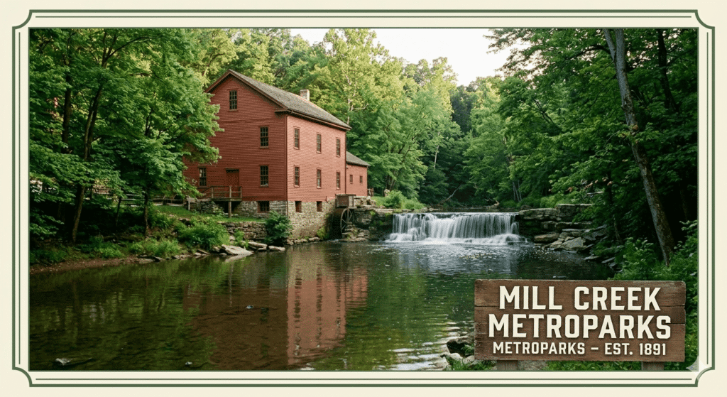 scenic view of Mill Creek MetroParks in Mahoning County, featuring Lanterman's Mill and local walking trails