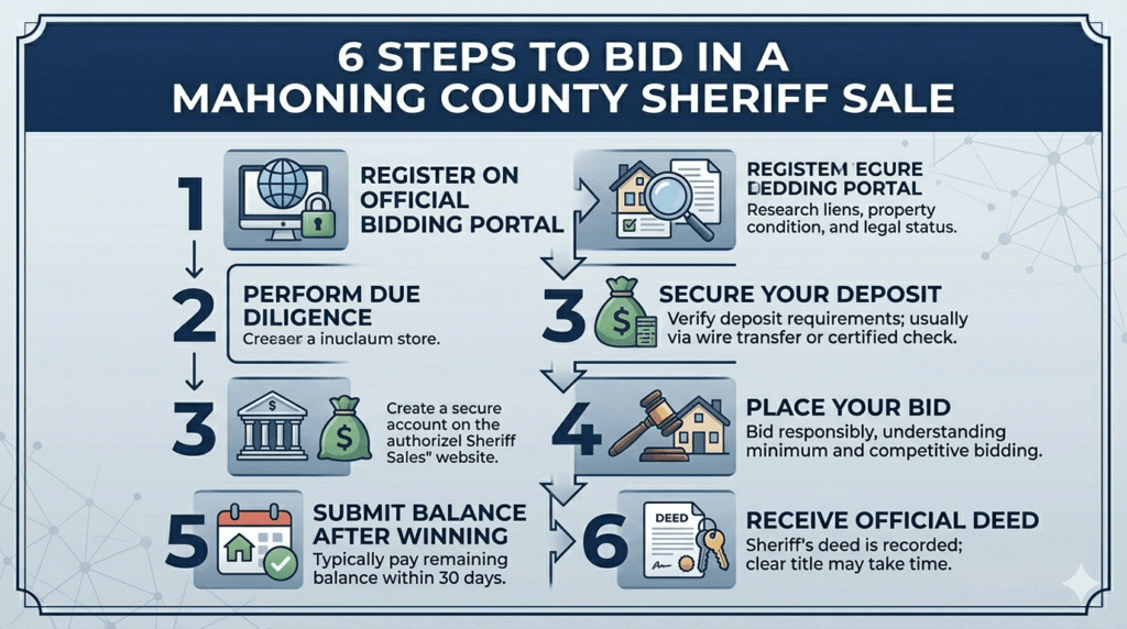 6-step guide to bidding in Mahoning County Sheriff Sales infographic.