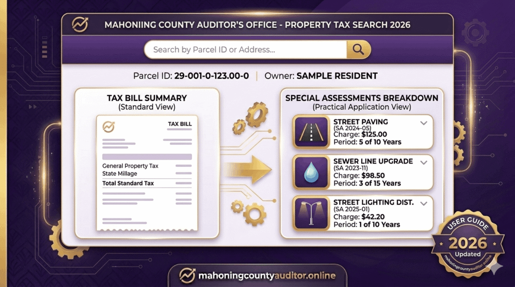 Styled screenshot guide showing the breakdown of special assessments on a sample Mahoning County property tax bill