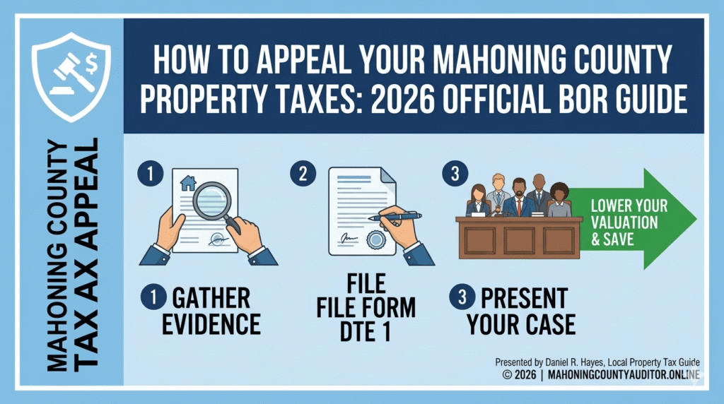 Feature image for Mahoning County Property Tax Appeal 2026 Guide showing steps 1, 2, and 3 to lower valuation. This helps with ranking.